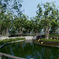 Tranquil Garden Landscape With Curved Path Pond Lights Green Plants And Stone Paving