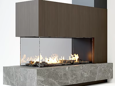 Modern Wooden Fireplace With Glass Front And Marble Base Burning Fire 3d model
