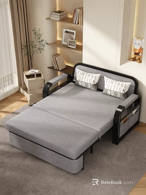 Modern Gray Sofa Bed With Black Frame And Vintage Pillows In Living Room 3d model 