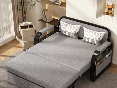 Modern Gray Sofa Bed With Black Frame And Vintage Pillows In Living Room 3d model