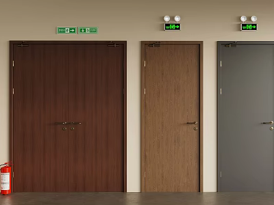 Brown and Gray Fire Exit Doors with Green Exit Signs and Red Fire Extinguisher 3d model