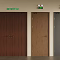 Brown and Gray Fire Exit Doors with Green Exit Signs and Red Fire Extinguisher