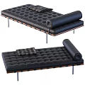 Black and Brown Leather Ottoman with Tufted Design Rolled Cushion Plaid Blanket and Metal Legs
