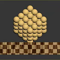 Golden Spherical Structure On Wooden Checkerboard Base With Shiny Balls