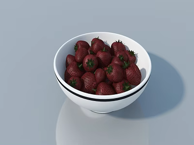 White Ceramic Bowl With Black Rim Filled With Fresh Strawberries On Light Blue Background 3d model