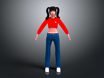 Pigtailed Girl Character In Long Sleeve Red Top And Blue Jeans 3d model