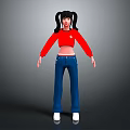 Pigtailed Girl Character In Long Sleeve Red Top And Blue Jeans