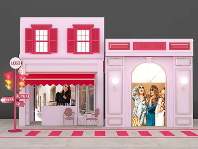 Pink Barbie Activity Entrance With Red Awning Window Shutters And Display Figures 3d model