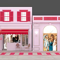 Pink Barbie Activity Entrance With Red Awning Window Shutters And Display Figures