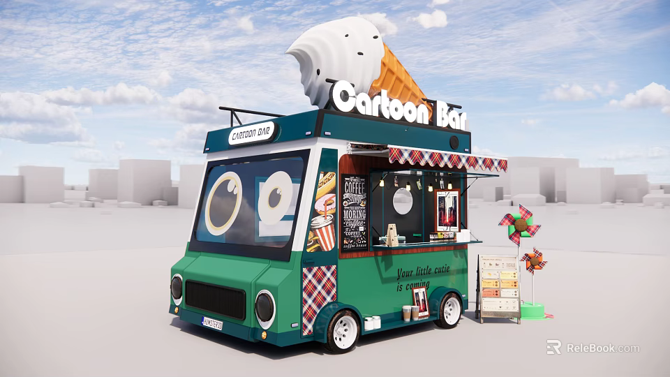 Cartoon Bar Ice Cream Truck With Big Eyes And Giant Cone Design 3d model 