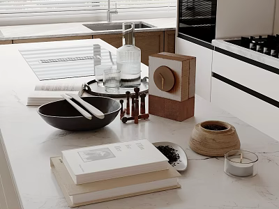 Modern Kitchen Countertop With Books Bowl Glass And Wooden Decor Items 3d model