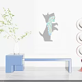 Modern Interior Blue White Sofa Bench With Green Plant Vase Art And Red Floor Lamp