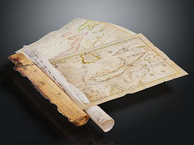 Antique Map Unfolded with Partially Rolled Edges Showing Geographic Lines on Black Background 3d model