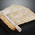 Antique Map Unfolded with Partially Rolled Edges Showing Geographic Lines on Black Background