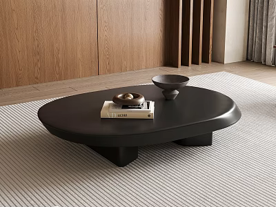 Modern Black Oval Coffee Table On Striped Rug With Wooden Wall And Decor Items 3d model