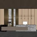 Minimalist Modern Reception Area Interior With Wooden Walls Marble Countertop And Pendant Lights