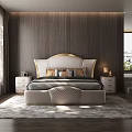 Luxurious Double Bed with White Headboard Lighting Design Pillows Nightstands Table Lamps Dark Wooden Walls