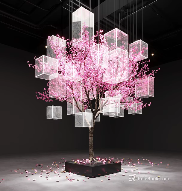 DP Installation Featuring Pink Cherry Blossoms And Hanging Transparent Cubes Decorative Design 3d model 