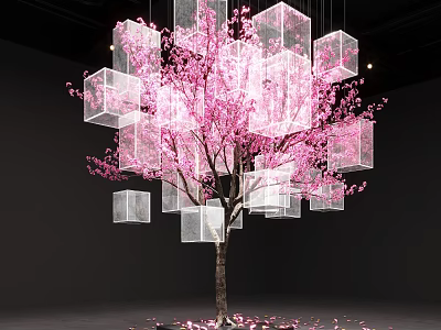 DP Installation Featuring Pink Cherry Blossoms And Hanging Transparent Cubes Decorative Design 3d model