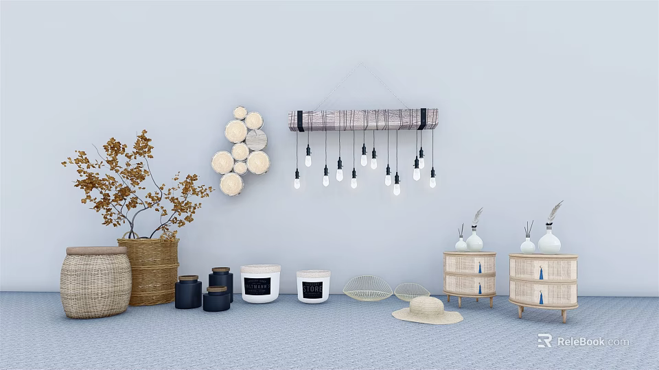 Modern Stylish Bedside Table With Decorative Baskets Vases And Wall Art 3d model