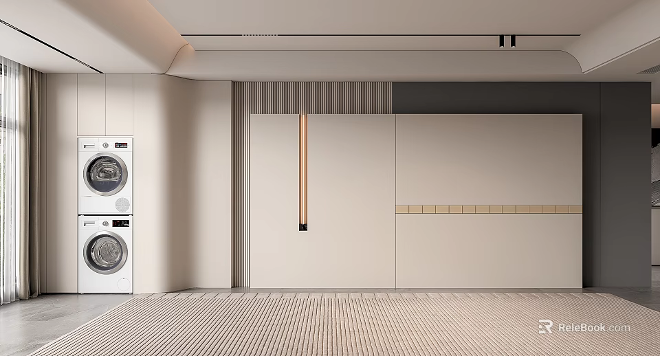 Light Colored Background Wall With Striped Design And Copper Handle Near Washing Machine And Dryer 3d model 