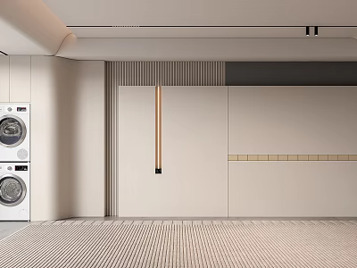 Light Colored Background Wall With Striped Design And Copper Handle Near Washing Machine And Dryer 3d model