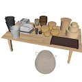 Stylish Decorative Ornament Set on Wooden Table with Jars Baskets Stacked Fabrics and Tray