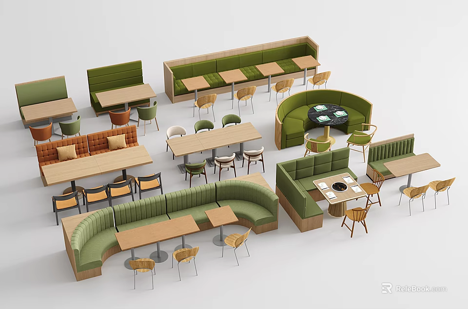 Stylish Booth Sofas With Curved And Straight Designs Wooden Tables And Chairs 3d model 