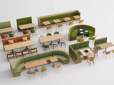 Stylish Booth Sofas With Curved And Straight Designs Wooden Tables And Chairs 3d model