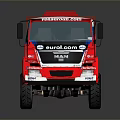 Red Eunil Trucks Racing Vehicle With Brand Logos And Decorative Graphics
