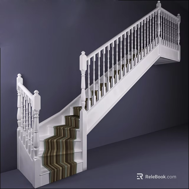 White Staircase With Striped Carpet And White Balusters On Dark Walls 3d model 