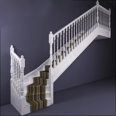 White Staircase With Striped Carpet And White Balusters On Dark Walls 3d model