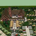 Scenic Park Landscape Design With Central Building Lush Trees Circular Plazas And Winding Paths