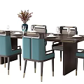 Modern Dining Table Set With Turquoise Chairs And Vase On Wooden Surface 3d model