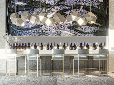 Elegant Bar Counter Interior With Geometric Pendant Lights Wine Bottles And Bar Stools 3d model