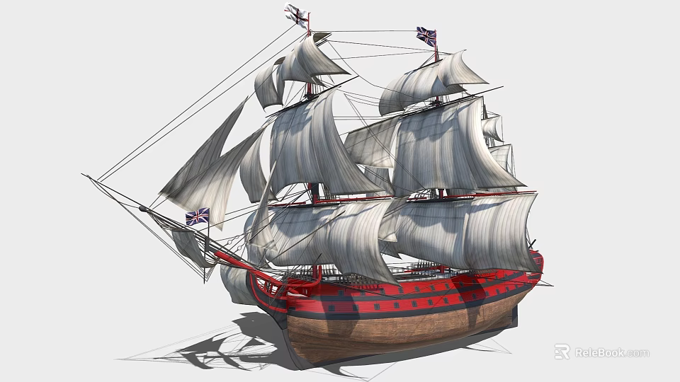 Vintage Sailing Ship With White Canvas Sails Red Brown Hull And Union Jack Flags 3d model 