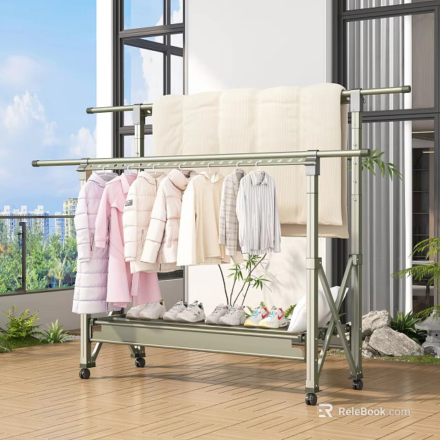 Clothes Drying Rack with Hanging Colorful Clothes Towels and Slippers on Mobile Stand 3d model 