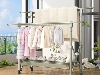 Clothes Drying Rack with Hanging Colorful Clothes Towels and Slippers on Mobile Stand 3d model