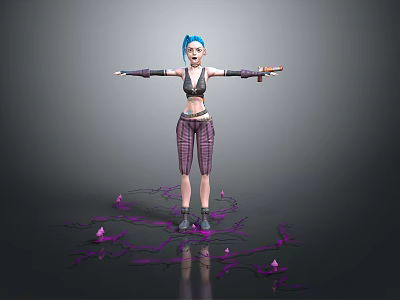 Cool 3D Character With Blue Hair Arms Outstretched Purple Liquid And Crystals 3d model