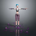 Cool 3D Character With Blue Hair Arms Outstretched Purple Liquid And Crystals