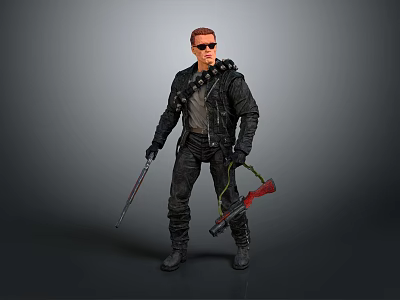 Male Character Wearing Black Leather Jacket And Sunglasses Holding Silver Long And Red Short Guns 3d model