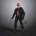 Male Character Wearing Black Leather Jacket And Sunglasses Holding Silver Long And Red Short Guns