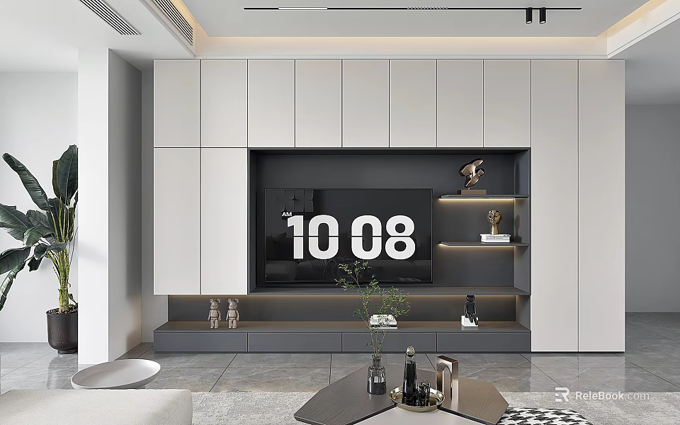 Modern TV Wall Unit With Built-in TV Decorative Items Plants And Shelves 3d model 