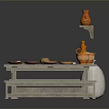 Rustic Stone Dining Table Set With Benches Clay Jars Bread Plates And Bowls 3d model