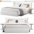 Contemporary Double Bed With Upholstered Frame White Bedding Brown Pillows And Round Side Table 3d model