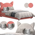 Cute Cat Ear Headboard Double Bed Pink And White with Soft Pillows And Quilt Design