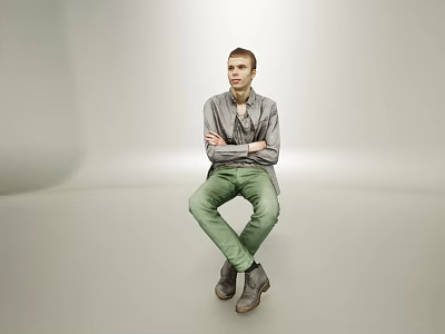 Man Sitting With Crossed Arms In Gray Blazer Green Pants And Gray Shoes 3d model