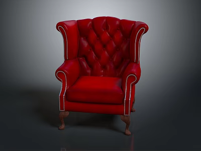 Red Leather Tufted Armchair With Scroll Arms Wooden Legs And Nailhead Trim 3d model