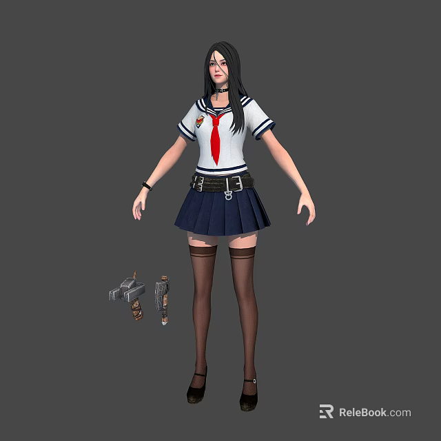 Woman in White Sailor Uniform with Red Tie Blue Pleated Skirt and Weapons 3d model 