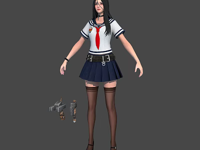 Woman in White Sailor Uniform with Red Tie Blue Pleated Skirt and Weapons 3d model